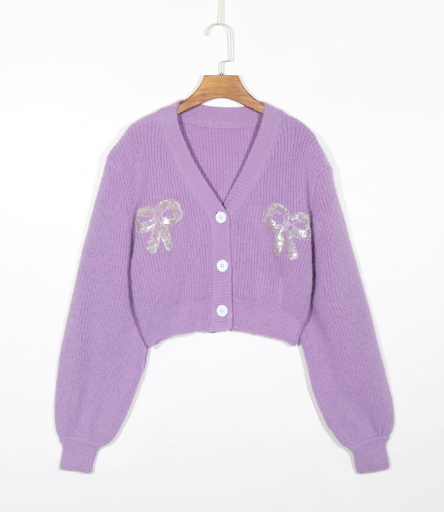 Fashion Handmade Beads Sequined Bow Purple Lantern Sleeve V-neck Knitted Cardigan Sweater