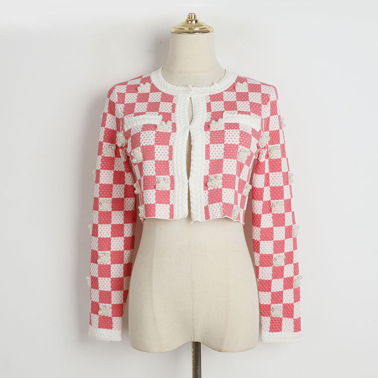 Spring Summer Elegant Socialite Girlish Pink Checkered Knitted Cardigan Cute Youth Looking