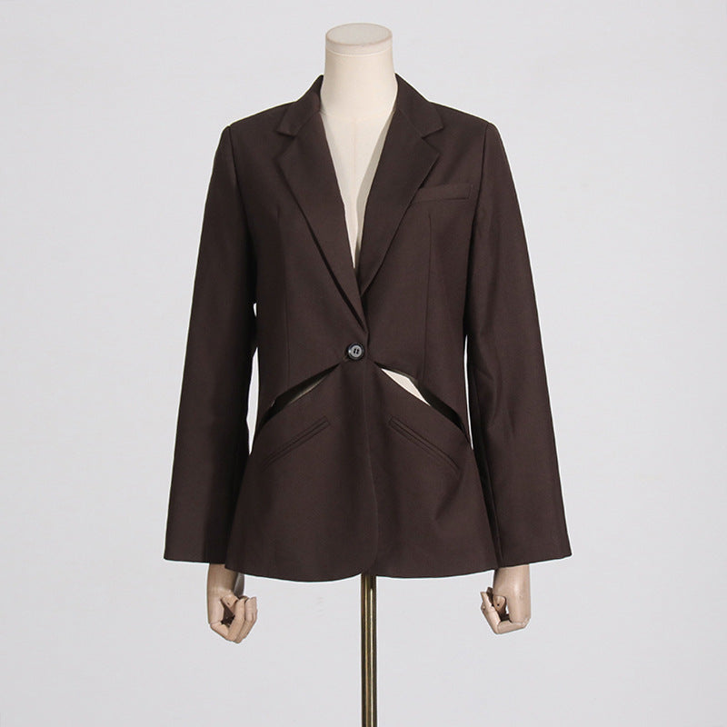 Blazer d'été à manches longues pour femme, haut de gamme, ajouré, découpe, couleur unie, tenue de soirée drapée