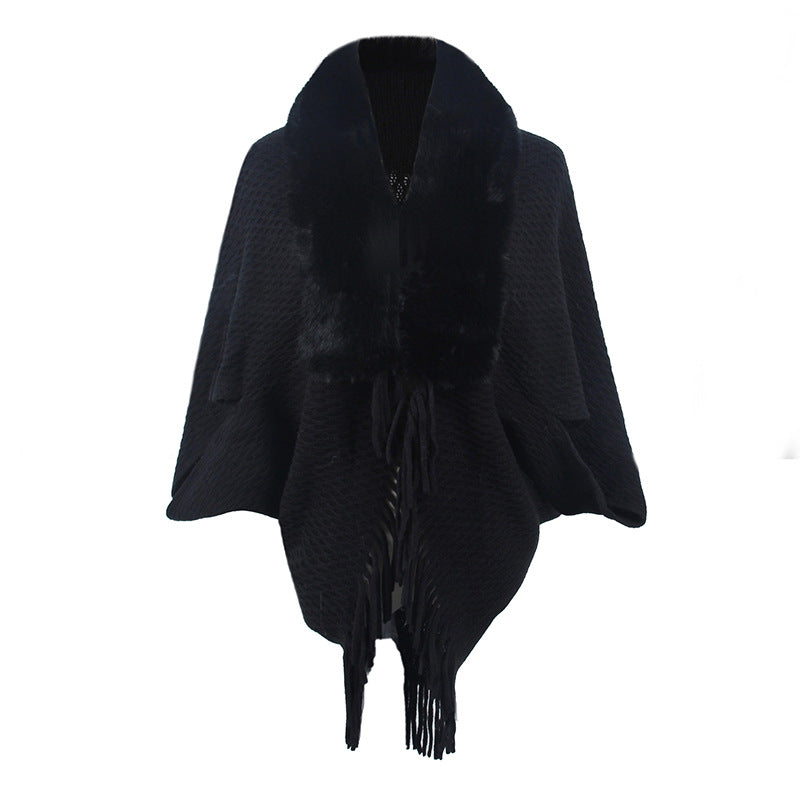 Wool Rain Fur Collar Knitted Tassel Cape Coat Women Autumn Winter Outdoor Shawl