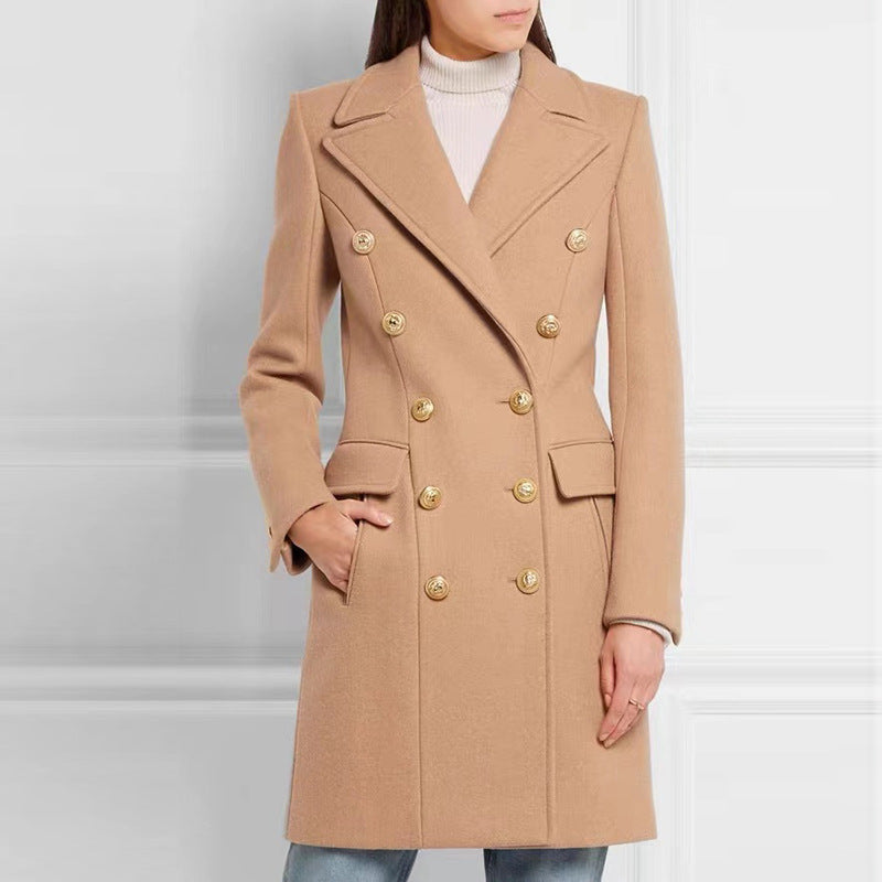 Manteau Long en laine à Double boutonnage avec boucle de Lion en métal, automne et hiver