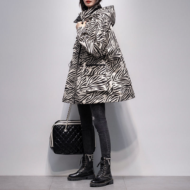 Women's Mid-length Hooded Zebra-print Trench Coat