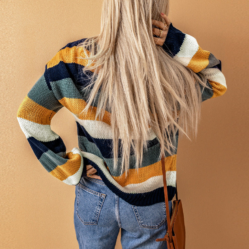 Suéter de invierno con costuras a rayas de colores contrastantes para mujer, jersey informal de manga larga con hombros caídos para mujer