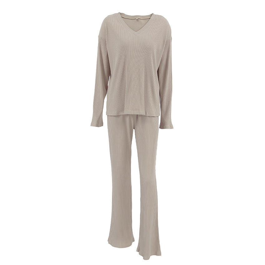 Autumn Knitted Sunken Stripe Can Be Worn outside Slim Skin Friendly Long Sleeved Trousers Warm Ladies Homewear