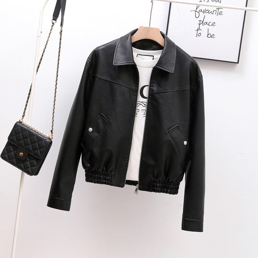 Collared Flying Leather Jacket Faux Leather Short Coat Women Spring Autumn Coat Korean Loose Motorcycle Clothing Top Women