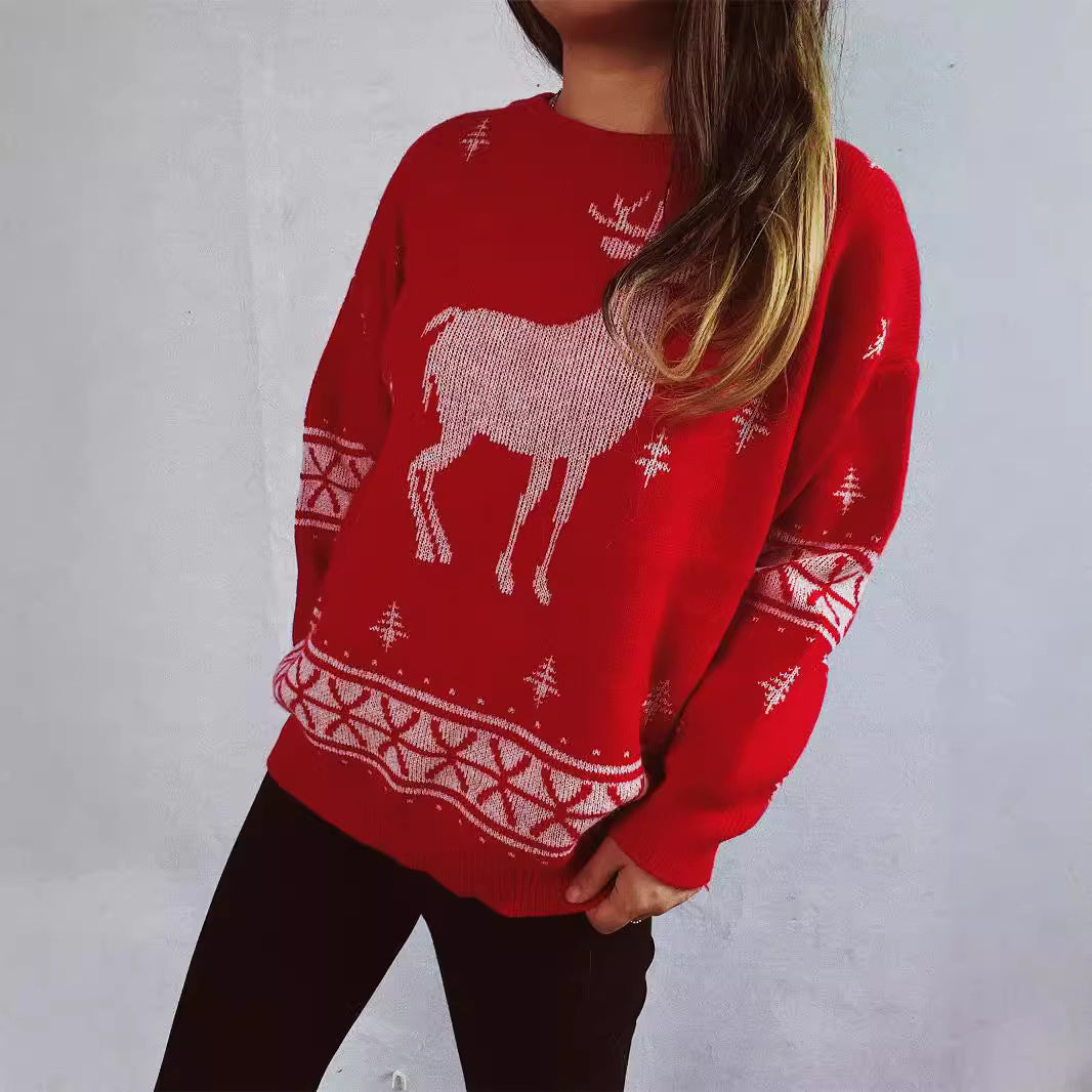 Arrivée Automne Hiver Dessin Animé Renne Flocon De Neige Jacquard Pull De Noël Col Rond Pull Pull