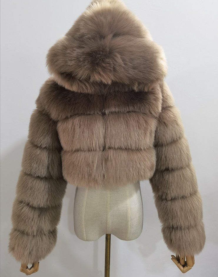 Manteau court à capuche en fausse fourrure pour femme, automne et hiver, fourrure artificielle, fourrure de renard