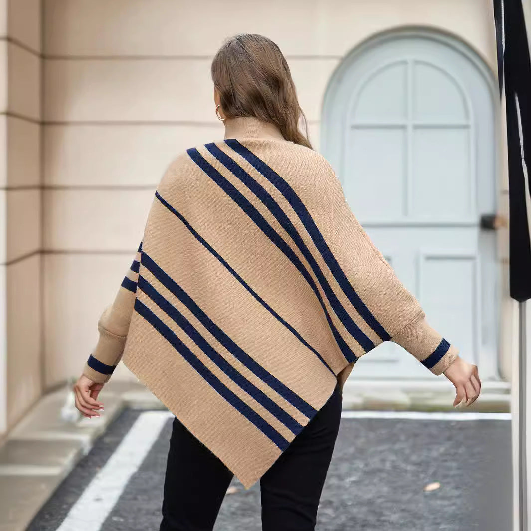 Women Sweater Irregular Asymmetric Striped Mock Neck Batwing Sleeve Pullover Sweater Shawl Cape