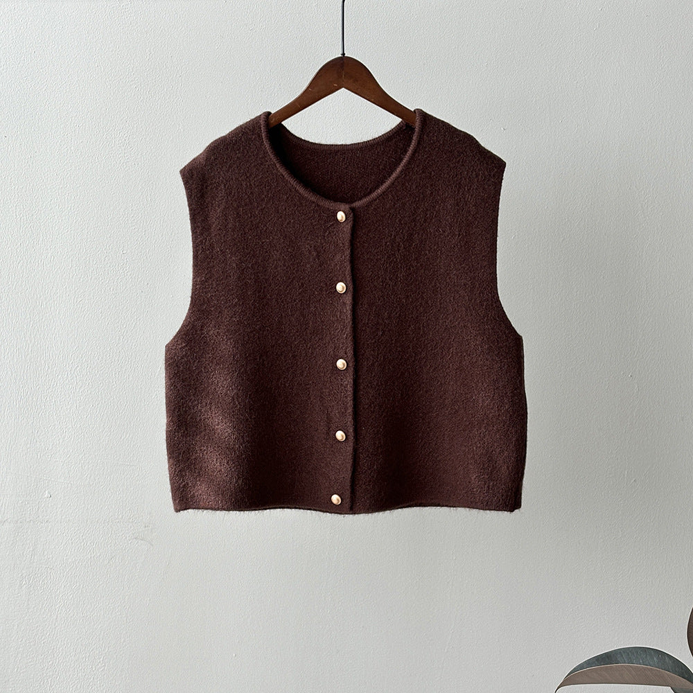 Gentle Single Breasted round Neck Knitted Vest Women Winter Loose Waistcoat Top