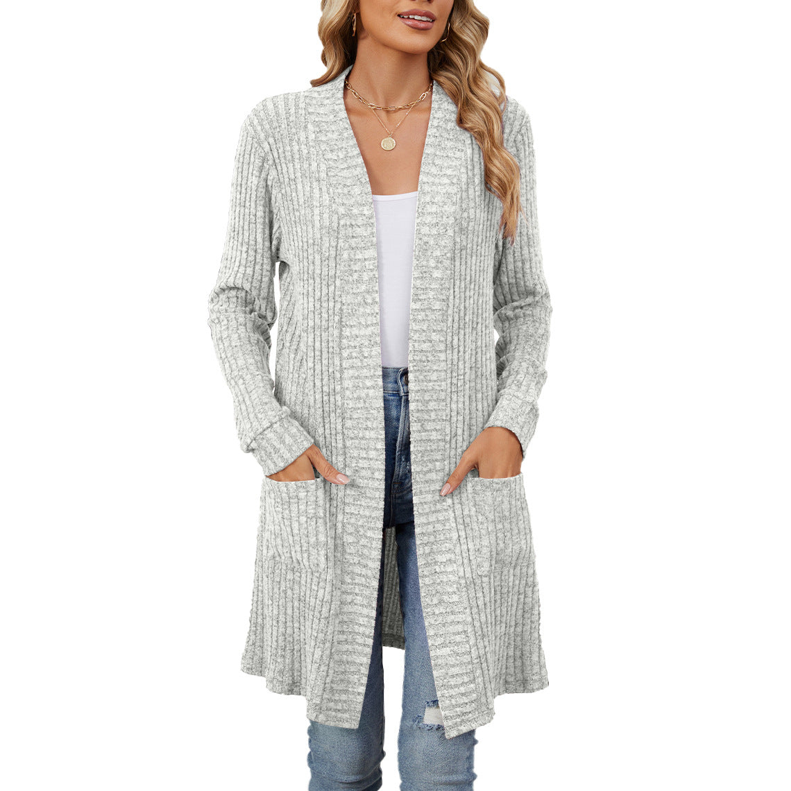 Automne hiver longue couleur unie à manches longues poches lâches Cardigan manteau femmes vêtements