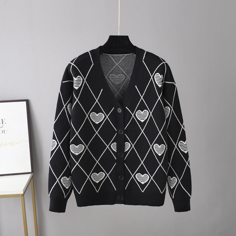 V neck Rhombus Knitted Cardigan for Women Autumn Winter Loose Outer Wear Bandage Dress Waistcoat Lovely Sweater Outer Wear