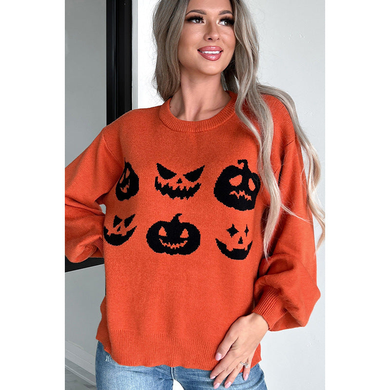 Suéter de cuello redondo de otoño que combina con todo, top de manga larga con estampado de Halloween