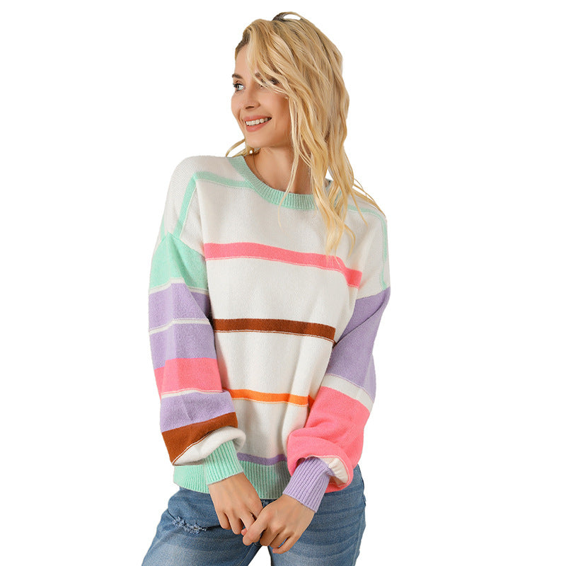 Pull d'automne col rond manches longues haut femme personnalisé rayé contraste couleur dopamine épaule tombante pull femme