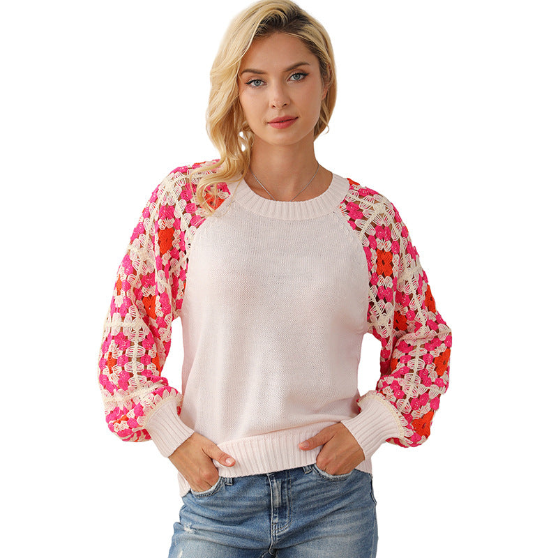 Automne Crochet pull col rond manches longues haut femmes personnalisé contraste couleur tricoté pull femmes