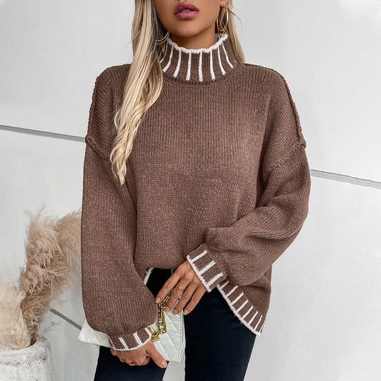 Pull à col roulé rayé pour femme, automne et hiver, haut en tricot ample