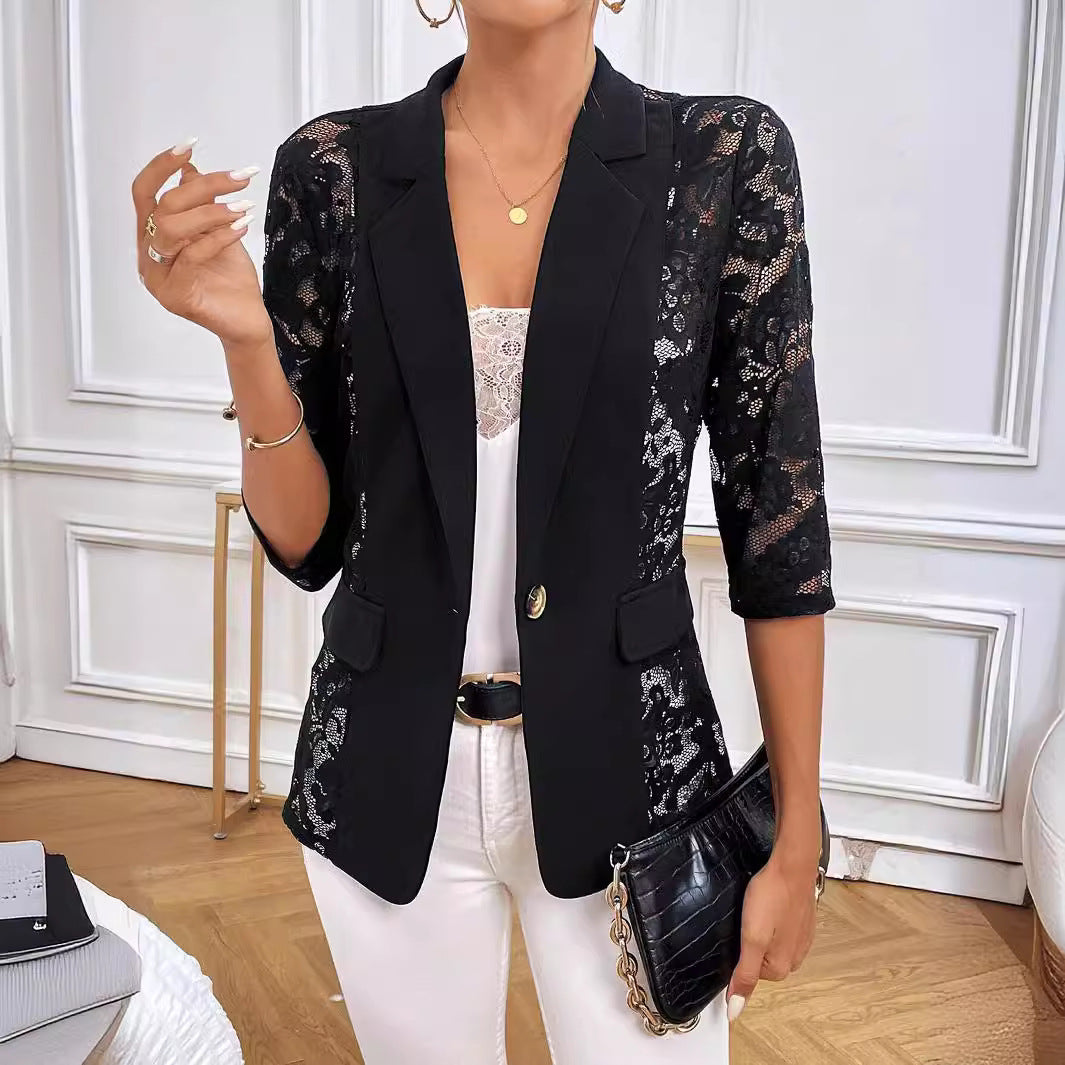 Automne Hiver Élégant Couleur Unie Dentelle Couture Petit Blazer Femmes Haut