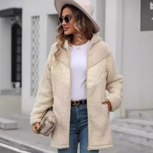 Llegada Ropa de mujer Otoño Invierno Cárdigan con capucha de longitud media Abrigo de felpa holgado con cremallera para mujer