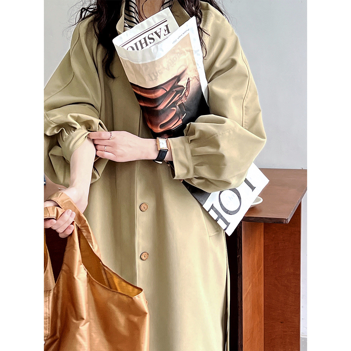 Autumn Clothing Korean Stand Up Collar Puff Sleeve Trench Coat Women Mid Length Waist Controlled Lace Up Overcoat