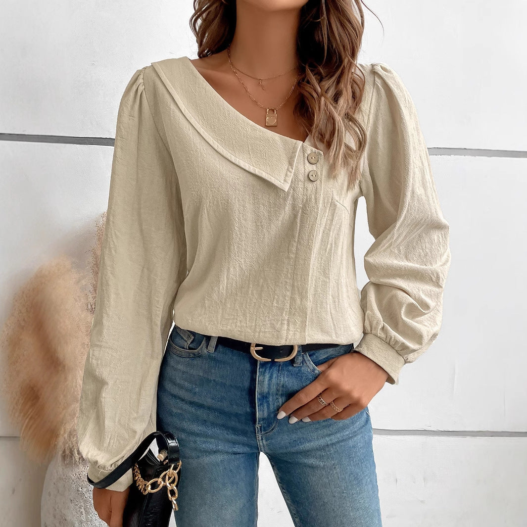 Autumn Winter V neck Button Long Sleeve Women Shirt Solid Color Loose Top Women Clothing Shirt