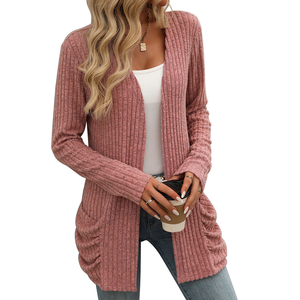 Autumn Winter Solid Color Rib Fabric Brushed Pocket Cardigan Long Sleeve Coat Women