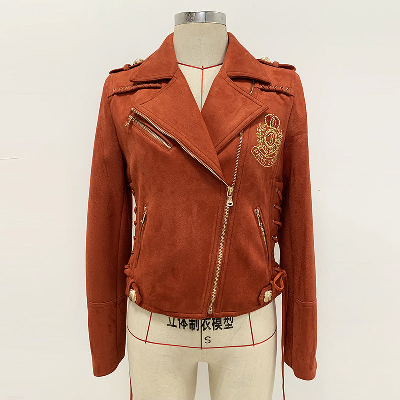 Goods Autumn Winter Rhinestone Logo Heavy Industry Tied Rope Waist Suede Motorcycle Jacket