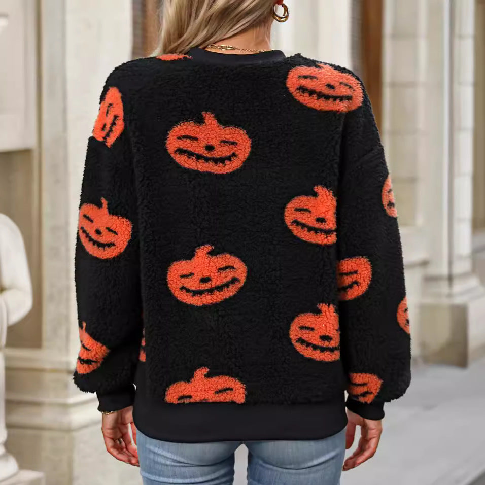 Pull ample en peluche imprimé Halloween pour femme, automne hiver