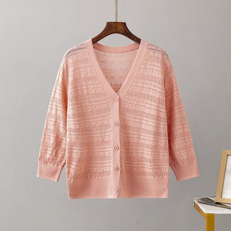 Spring Summer Sun Protection Knit Cardigan Thin Women Coat Outer Wear Ice Silk Cut out Top