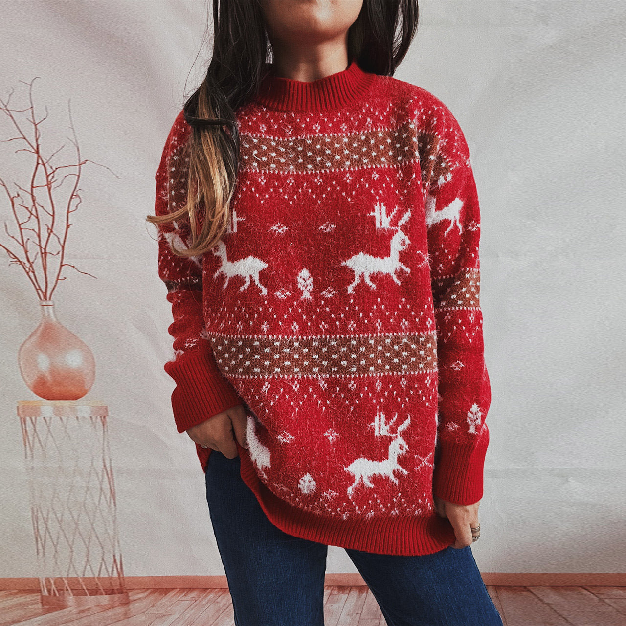 Autumn Winter round Neck Long Sleeve Deer Snowflake Jacquard Christmas Sweater Scarf Two Piece Set