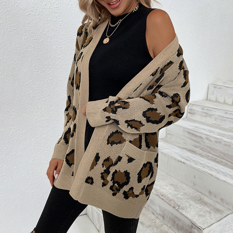 Suéter de bolsillo con estampado de leopardo de color en contraste, suéter de otoño e invierno, abrigo tipo cárdigan para mujer