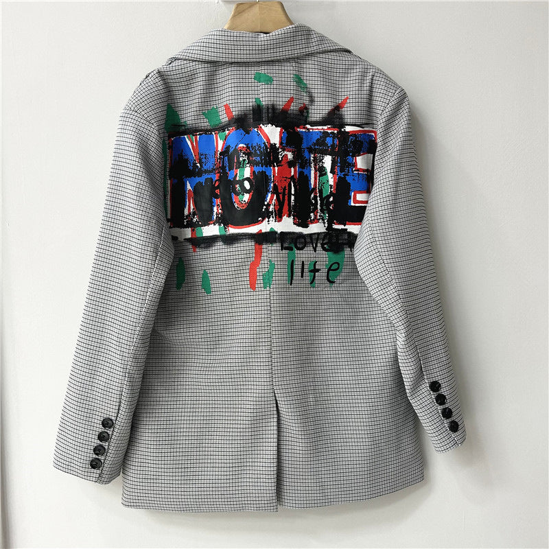 Autumn Niche Graffiti Design British Plaid Loose Women Jacket Hong Kong Blazers