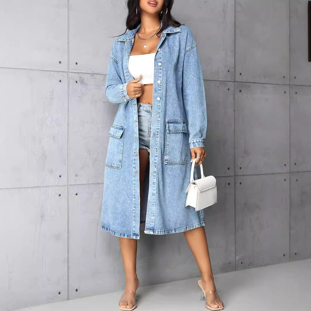 Women Clothing Loose Casual with Big Pockets Denim Trench Coat Long