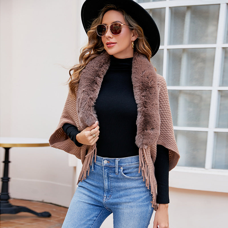 Wool Rain Fur Collar Knitted Tassel Cape Coat Women Autumn Winter Outdoor Shawl