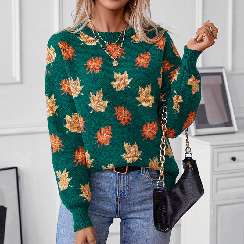 Autumn Winter Sweater Women Maple Leaf Pattern Jacquard Casual Pullover Sweater Women Clothing