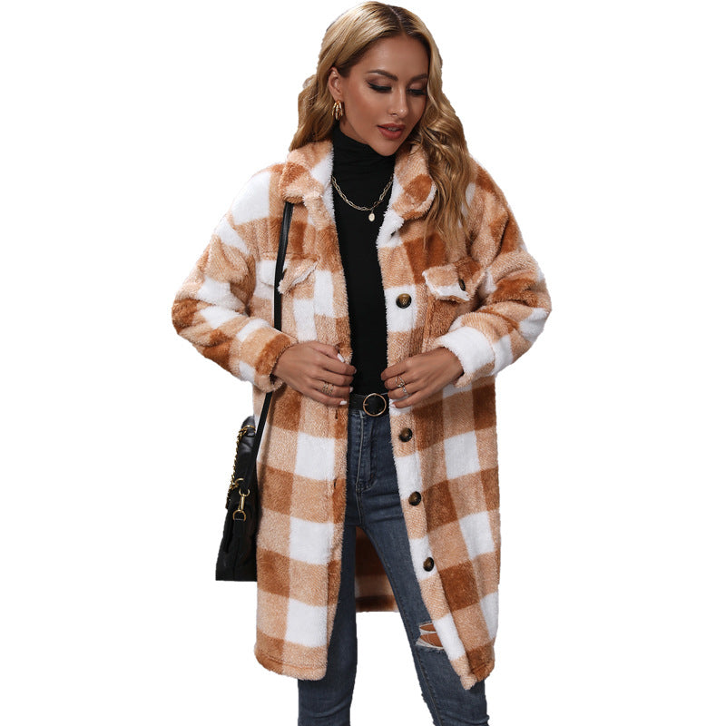 Manteau décontracté en peluche à simple boutonnage pour femme, automne, col à manches longues, ample, à carreaux