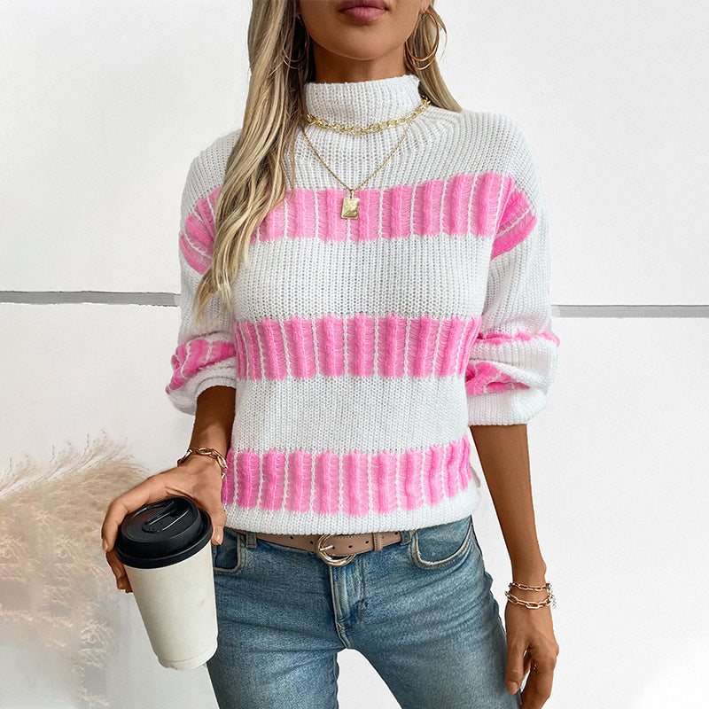 Striped Pullover Women Sweater Autumn Winter All Matching Loose Mock Neck Sweater