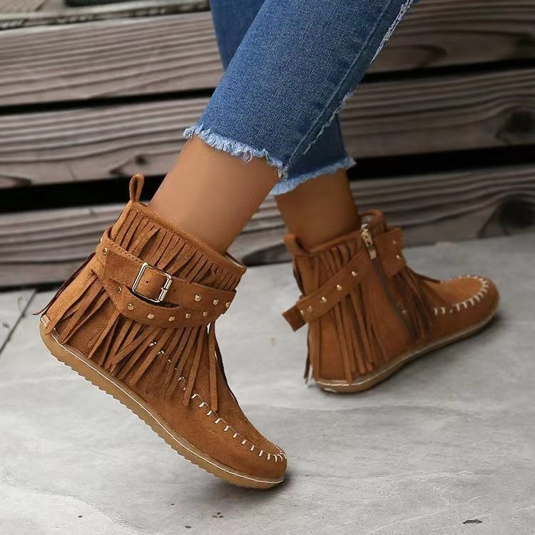 Women Boots Short Boots Autumn Winter Rivet Flat Tassel Boots Women