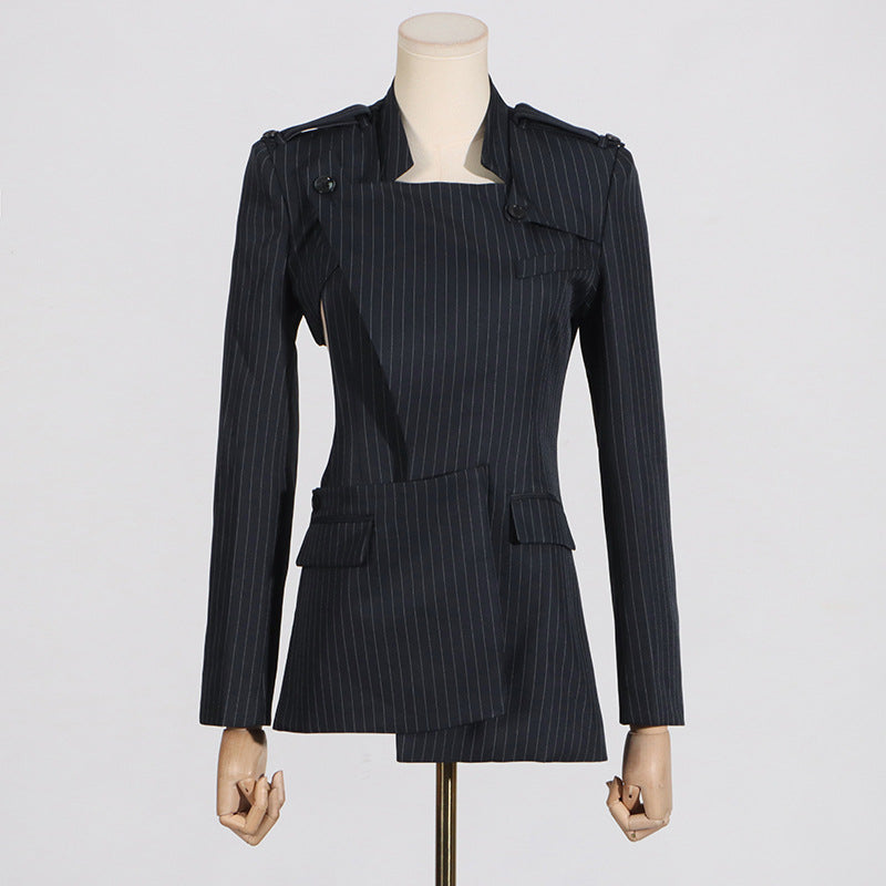 Autumn Casual Deconstructive Design Irregular Asymmetric Cut Striped Blazer for Women