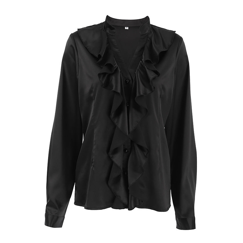 Fall Winter Casual Elegant Thin Soft Matte Satin Satin Black Long Sleeved Small Stand Collar Classic Women Shirt