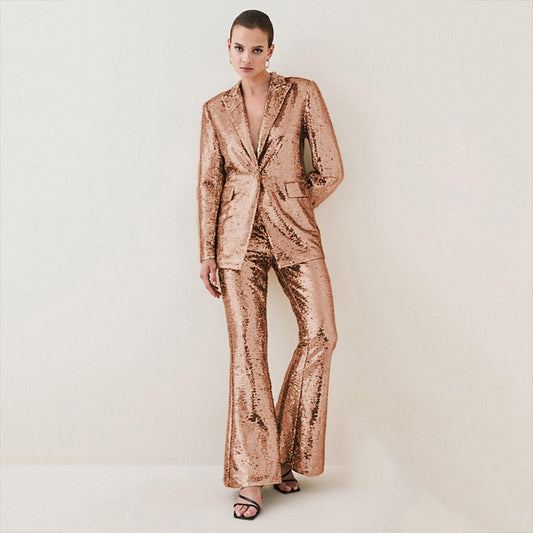 Ensemble deux pièces pour femme adulte, haut sens, printemps-automne, Blazer à paillettes dorées pour Cocktail