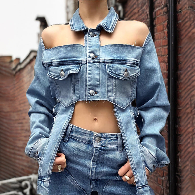 Spring Personalized Trendy Hollow Out Cutout Out Stitching Collared Design Sexy Short Long Sleeve Denim Jacket Women