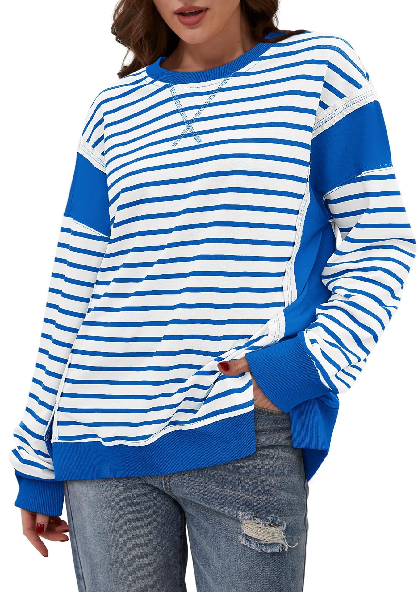 Women Clothing Women Multicolor Hoodie Striped Color Contrast Long Sleeve T Shirt