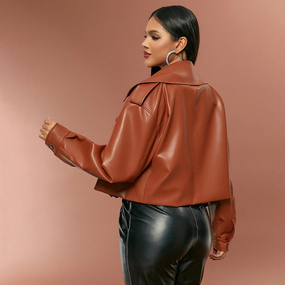 Spring Autumn Women Faux Leather Jacket Solid Color Collared Long Sleeve Leather Jacket