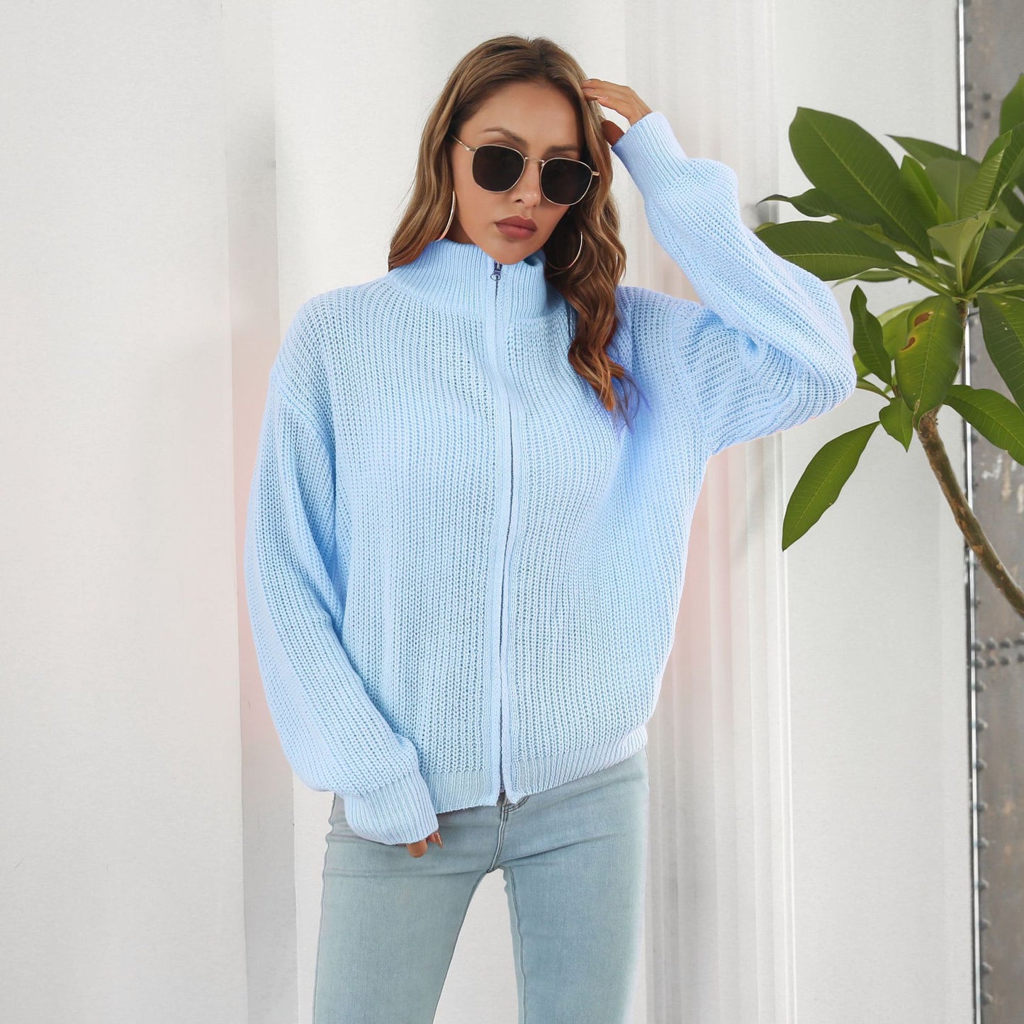 Zipper Sweater Coat Women Turtleneck Loose Knitted Cardigan Women Long Sleeve Autumn Winter Women Clothing