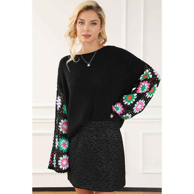 Suéter de punto de ganchillo con flores para mujer, suéter holgado informal para otoño e invierno