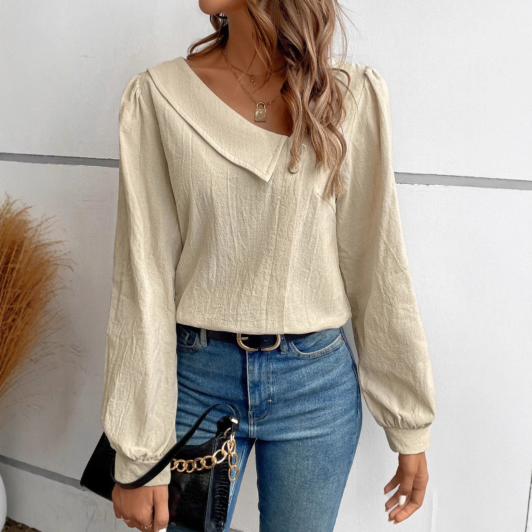 Autumn Winter V neck Button Long Sleeve Women Shirt Solid Color Loose Top Women Clothing Shirt