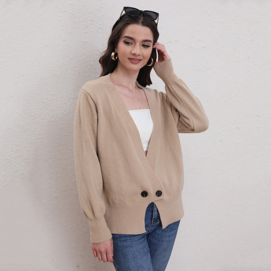 Women Clothing Women Solid Color Large V neck Knitted Button Cardigan Autumn Winter Casual Sweater Women