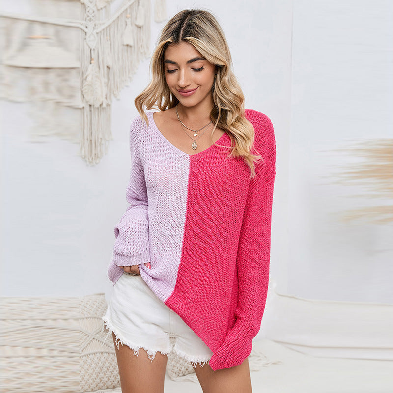 Suéter de cuello en V a juego de colores para otoño e invierno, jersey informal holgado de manga larga de punto que combina con todo para mujer