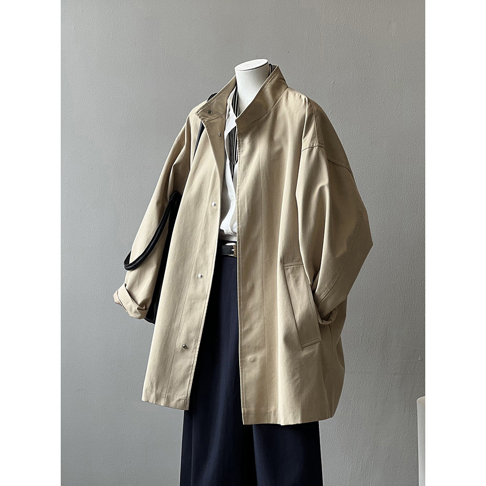 Tooling Stand Collar Trench Coat Women Spring Summer Loose Mid Length Coat