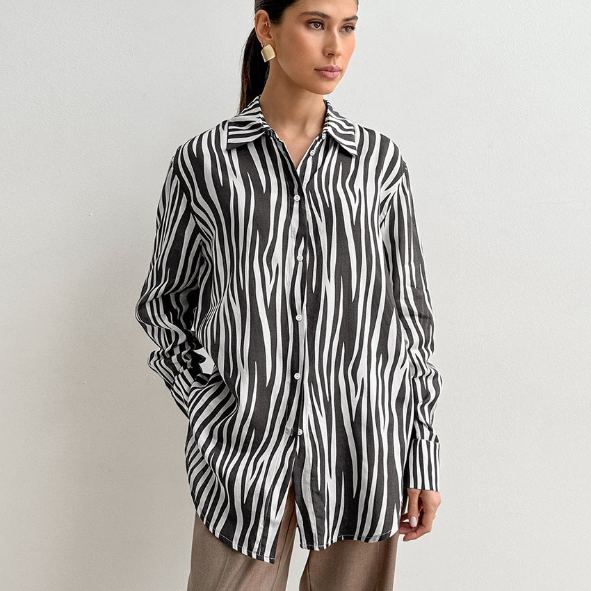 Autumn Printed All Matching Zebra Print Loose Collared Long Sleeves Shirt Russian Classic Retro Shacket Women