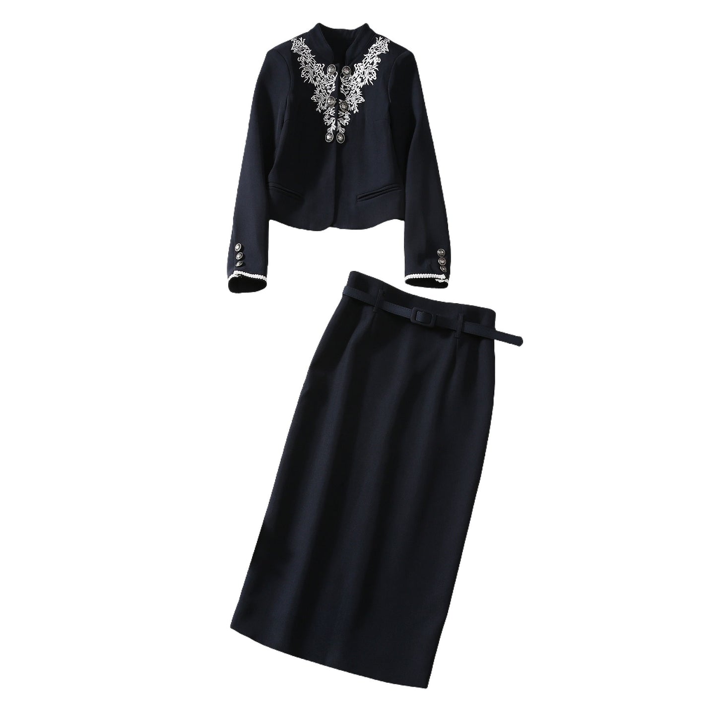 Stand Collar Embroidery Short Coat Slim Fit Skirt Fashion Suit